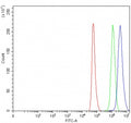 Flow cytometry testing of fixed and permeabilized human HeLa cells with MUTYH antibody at 1ug/million cells (blocked with goat sera); Red=cells alone, Green=isotype control, Blue= MUTYH antibody.