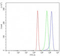 Flow cytometry testing of fixed and permeabilized human HepG2 cells with Mannose-binding protein C antibody at 1ug/million cells (blocked with goat sera); Red=cells alone, Green=isotype control, Blue= Mannose-binding protein C antibody.