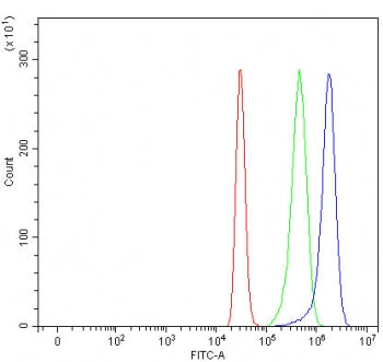 Flow cytometry testing of fixed and permeabilized human HepG2 cells with Mannose-binding protein C antibody at 1ug/million cells (blocked with goat sera); Red=cells alone, Green=isotype control, Blue= Mannose-binding protein C antibody.