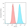 Flow cytometry testing of MeOH fixed human HeLa cells with Cytokeratin 18 antibody (clone DE-K18); Red=isotype control, Blue= Cytokeratin 18 antibody.