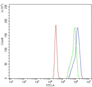 Flow cytometry testing of human U937 cells with SIVA1 antibody at 1ug/million cells (blocked with goat sera); Red=cells alone, Green=isotype control, Blue= SIVA1 antibody.