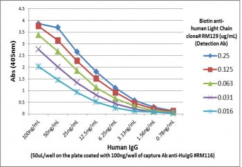 Sandwich ELISA of human IgG using the recombinant Human IgG antibody (clone RM116) as the capture (100ng/well), and biotinylated human light chains (kappa+ lambda) antibody (<a href=../tds/recombinant-human-ig-light-chains-antibody-rabbit-monoclonal-r30202btn>clone RM129</a>) as the detect (1ug/mL), followed by an alkaline phosphatase conjugated streptavidin.