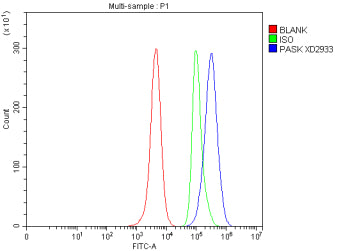 Flow Cytometry analysis of HeLa cells using anti-PASK antibody. Overlay histogram showing HeLa cells stained with (Blue line). To facilitate intracellular staining, cells were fixed with 4% paraformaldehyde and permeabilized with permeabilization buffer. The cells were blocked with 10% normal goat serum. And then incubated with rabbit anti-PASK antibody (1 ug/million cells) for 30 min at 20oC.