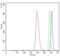 Flow cytometry testing of human HEL cells with MDR15 antibody at 1ug/million cells (blocked with goat sera); Red=cells alone, Green=isotype control, Blue= MDR15 antibody.