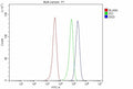 Flow cytometry analysis of fixed and permeabilized human MCF7 cells with DIS3 antibody at 1ug/million cells (blocked with goat sera); Red=cells alone, Green=isotype control, Blue= DIS3 antibody.