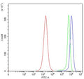 Flow cytometry testing of human JK cells with TLN1 antibody at 1ug/million cells (blocked with goat sera); Red=cells alone, Green=isotype control, Blue= TLN1 antibody.