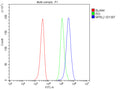 Flow Cytometry analysis of HEL cells using anti-NPRL2 antibody. Overlay histogram showing HEL cells stained with (Blue line). To facilitate intracellular staining, cells were fixed with 4% paraformaldehyde and permeabilized with permeabilization buffer. The cells were blocked with 10% normal goat serum. And then incubated with rabbit anti-NPRL2 antibody (1 ug/million cells) for 30 min at 20oC.