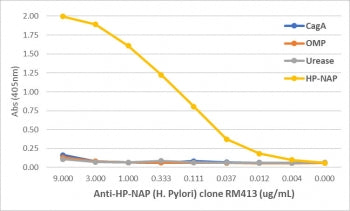 An ELISA of Helicobacter Pylori proteins using recombinant HP-NAP antibody. The plate was coated with 1 ug/ml of CagA, OMP, Urease, or HP-NAP of H. Pylori. A serial dilution of the RM413 mAb was used as the primary antibody. An alkaline phosphatase conjugated anti-rabbit IgG was used as the secondary antibody.