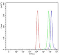 Flow cytometry testing of human Raji cells with Tetherin antibody at 1ug/million cells (blocked with goat sera); Red=cells alone, Green=isotype control, Blue= Tetherin antibody.
