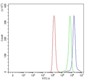 Flow cytometry testing of human Raji cells with Tetherin antibody at 1ug/million cells (blocked with goat sera); Red=cells alone, Green=isotype control, Blue= Tetherin antibody.