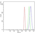 Flow cytometry testing of human U-251 cells with Platelet-derived growth factor C antibody at 1ug/million cells (blocked with goat sera); Red=cells alone, Green=isotype control, Blue= Platelet-derived growth factor C antibody.