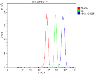 Flow Cytometry analysis of HepG2 cells using anti-NPW antibody. Overlay histogram showing HepG2 cells stained with (Blue line). The cells were fixed with 4% paraformaldehyde and blocked with 10% normal goat serum. And then incubated with rabbit anti-NPW antibody (1 ug/million cells) for 30 min at 20oC. DyLight 488 conjugated goat anti-rabbit IgG (5-10 ug/million cells) was used as secondary antibody for 30 min at 20oC.