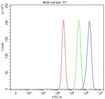 Flow cytometry testing of fixed and permeabilized human MCF7 cells with PCDHA6 antibody at 1ug/million cells (blocked with goat sera); Red=cells alone, Green=isotype control, Blue= PCDHA6 antibody.