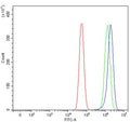 Flow cytometry testing of fixed and permeabilized human U-87 MG cells with NDUFA8 antibody at 1ug/million cells (blocked with goat sera); Red=cells alone, Green=isotype control, Blue= NDUFA8 antibody.