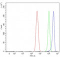 Flow cytometry testing of fixed and permeabilized human U-251 cells with Mitoguardin 1 antibody at 1ug/million cells (blocked with goat sera); Red=cells alone, Green=isotype control, Blue= Mitoguardin 1 antibody.