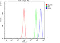 Flow cytometry analysis of fixed and permeabilized human HeLa cells with RLIM antibody at 1ug/million cells (blocked with goat sera); Red=cells alone, Green=isotype control, Blue= RLIM antibody.