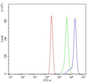 Flow cytometry testing of human U937 cells with TOMM20-like protein 1 antibody at 1ug/million cells (blocked with goat sera); Red=cells alone, Green=isotype control, Blue= TOMM20-like protein 1 antibody.