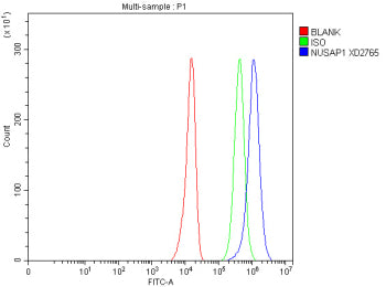 Flow cytometry analysis of fixed and permeabilized human U251 cells with NUSAP1 antibody at 1ug/million cells (blocked with goat sera); Red=cells alone, Green=isotype control, Blue= NUSAP1 antibody.