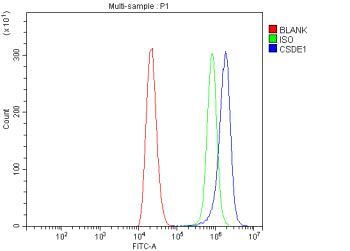 Flow Cytometry analysis of THP-1 cells using anti-CSDE1 antibody. Overlay histogram showing THP-1 cells stained with (Blue line). To facilitate intracellular staining, cells were fixed with 4% paraformaldehyde and permeabilized with permeabilization buffer. The cells were blocked with 10% normal goat serum. And then incubated with rabbit anti-CSDE1 antibody (1 ug/million cells) for 30 min at 20oC.