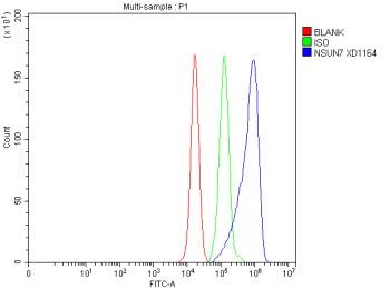 Flow Cytometry analysis of PC-3 cells using anti-NSUN7 antibody. Overlay histogram showing PC-3 cells stained with (Blue line). To facilitate intracellular staining, cells were fixed with 4% paraformaldehyde and permeabilized with permeabilization buffer. The cells were blocked with 10% normal goat serum. And then incubated with rabbit anti-NSUN7 antibody (1 ug/million cells) for 30 min at 20oC.
