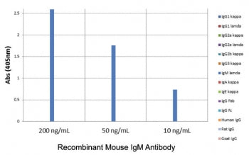 ELISA of mouse immunoglobulins shows the recombinant Mouse IgM antibody reacts to mouse IgM; no cross reactivity with IgG1, IgG2a, IgG2b, IgG3, IgA, IgE, human IgG, rat IgG, or goat IgG.