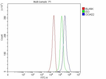 Flow Cytometry analysis of U251 cells using anti-OCIAD2 antibody. Overlay histogram showing U251 cells stained with (Blue line). To facilitate intracellular staining, cells were fixed with 4% paraformaldehyde and permeabilized with permeabilization buffer. The cells were blocked with 10% normal goat serum. And then incubated with rabbit anti-OCIAD2 antibody (1 ug/million cells) for 30 min at 20oC.
