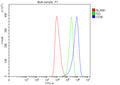 Flow Cytometry analysis of human HEL cells using anti-CD36 antibody. Overlay histogram showing HEL cells stained with (Blue line). The cells were blocked with 10% normal goat serum. And then incubated with rabbit anti-CD36 antibody (1 ug/million cells) for 30 min at 20oC. DyLight 488 conjugated goat anti-rabbit IgG (5-10 ug/million cells) was used as secondary antibody for 30 minutes at 20oC. Isotype control antibody (Green line) was rabbit IgG (1 ug/million cells) used under the same conditions. Unlabelled