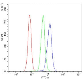 Flow cytometry testing of mouse PBM cells with CD4 antibody at 1ug/million cells (blocked with goat sera); Red=cells alone, Green=isotype control, Blue= CD4 antibody.
