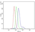 Flow cytometry testing of mouse spleen cells with Cd8a antibody at 1ug/million cells (blocked with goat sera); Red=cells alone, Green=isotype control, Blue= Cd8a antibody.