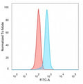 Flow cytometry testing of PFA-fixed human HeLa cells with GTF2I antibody (clone PCRP-GTF2I-1A7) followed by goat anti-mouse IgG-CF488 (blue); Red = unstained cells.
